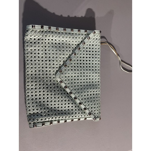 REBECCA MINKOFF Leather Mint Green Large Envelope Silver Studded Clutch Purse